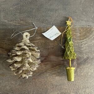 Set of glitter silver pinecone and green Christmas tree ornaments